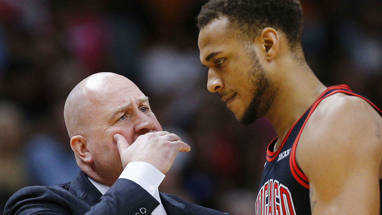 MIAMI, FLORIDA - DECEMBER 08: Head coach Jim Boylen of the Chicago Bulls talks with Daniel Gafford #12 against the Miami Heat during the first half at American Airlines Arena on December 08, 2019 in Miami, Florida. NOTE TO USER: User expressly acknowledges and agrees that, by downloading and/or using this photograph, user is consenting to the terms and conditions of the Getty Images License Agreement.