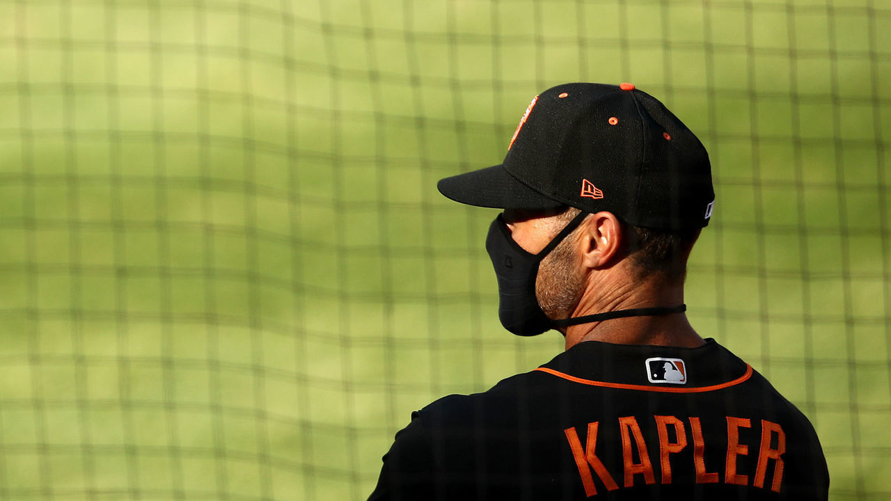 OAKLAND, CALIFORNIA - JULY 20: Manager Gabe Kapler of the San Francisco Giants stands in the dugout before their exhibition game against the Oakland Athletics at Oakland-Alameda County Coliseum on July 20, 2020 in Oakland, California.
