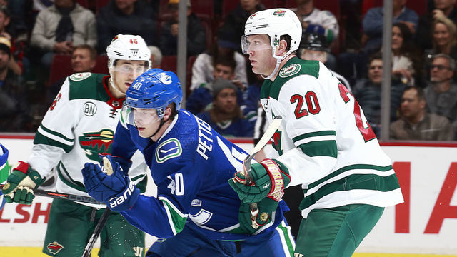 VANCOUVER, BC - DECEMBER 4: Ryan Suter #20 of the Minnesota Wild checks Elias Pettersson #40 of the Vancouver Canucks as he skates by during their NHL game at Rogers Arena December 4, 2018 in Vancouver, British Columbia, Canada. The Wild won 3-2.