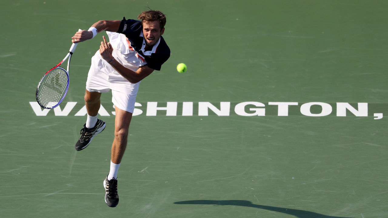 WASHINGTON, DC - AUGUST 04: Daniil Medvedev of Russia serves to Nick Kyrgios of Australia during the men's singles final of the Citi Open at Rock Creek Tennis Center on August 04, 2019 in Washington, DC.