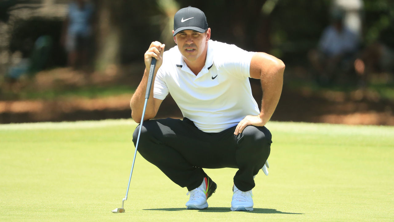 HILTON HEAD ISLAND, SOUTH CAROLINA - JUNE 20: Brooks Koepka of the United States lines up a putt on the first green during the third round of the RBC Heritage on June 20, 2020 at Harbour Town Golf Links in Hilton Head Island, South Carolina.