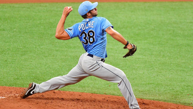 ST PETERSBURG, FLORIDA - JULY 09: Colin Poche #38 of the Tampa Bay Rays throws a pitch during a summer workout at Tropicana Field on July 09, 2020 in St Petersburg, Florida.