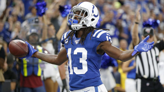 INDIANAPOLIS, INDIANA - SEPTEMBER 22: T.Y. Hilton #13 of the Indianapolis Colts celebrates after a touchdown during game against the Atlanta Falcons at Lucas Oil Stadium on September 22, 2019 in Indianapolis, Indiana.