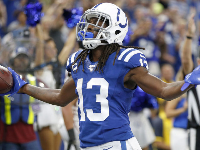 INDIANAPOLIS, INDIANA - SEPTEMBER 22: T.Y. Hilton #13 of the Indianapolis Colts celebrates after a touchdown during game against the Atlanta Falcons at Lucas Oil Stadium on September 22, 2019 in Indianapolis, Indiana.