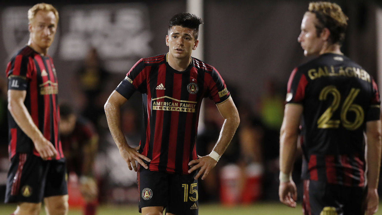REUNION, FLORIDA - JULY 21: Manuel Castro #15 of Atlanta United reacts after a failed goal attempt against Columbus Crew during a Group E match as part of the MLS Is Back Tournament at ESPN Wide World of Sports Complex on July 21, 2020 in Reunion, Florida.