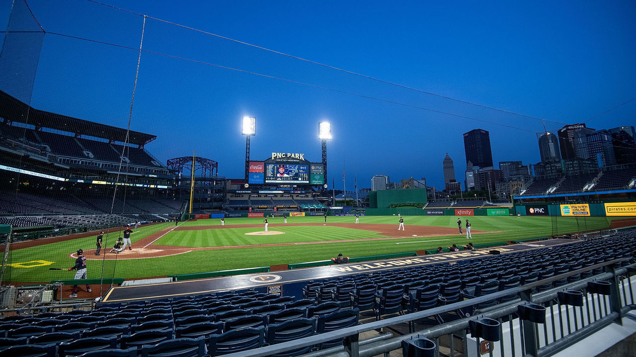 PITTSBURGH, PA - JULY 18: A general view of the field in the seventh inning of the exhibition game between the Pittsburgh Pirates and the Cleveland Indians at PNC Park on July 18, 2020 in Pittsburgh, Pennsylvania.