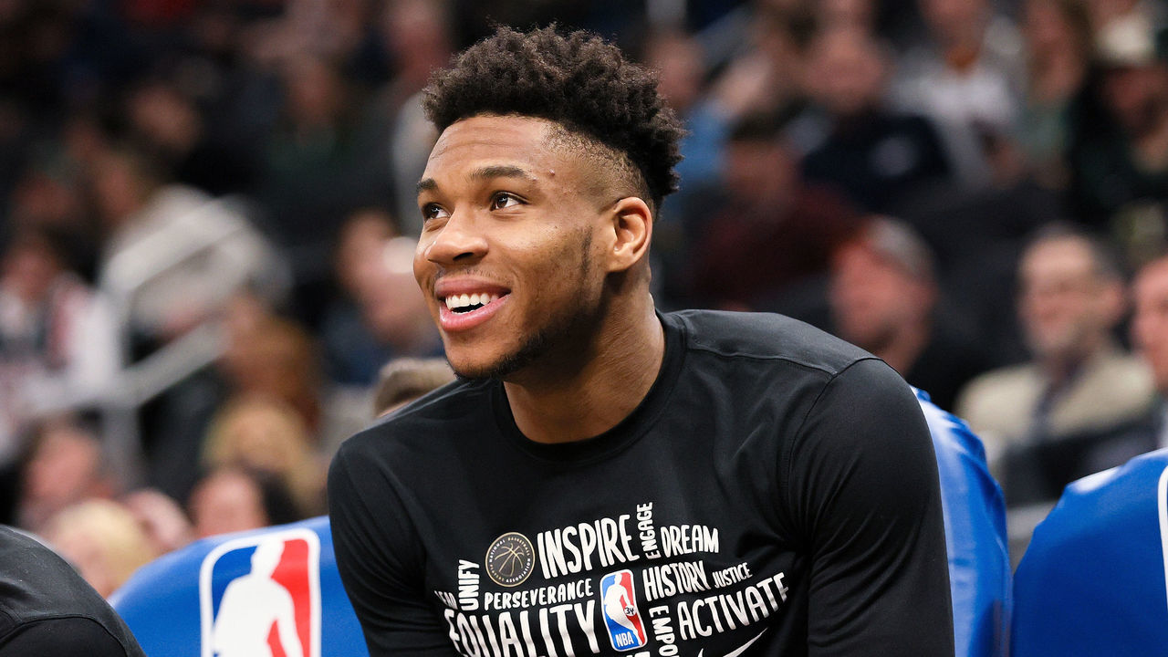 MILWAUKEE, WISCONSIN - FEBRUARY 28: Giannis Antetokounmpo #34 of the Milwaukee Bucks looks on from the bench in the fourth quarter against the Oklahoma City Thunder at the Fiserv Forum on February 28, 2020 in Milwaukee, Wisconsin.