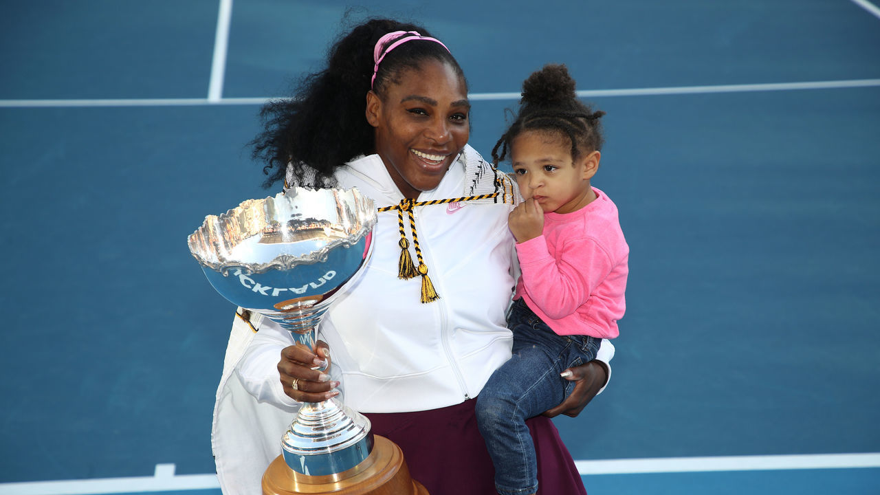 AUCKLAND, NEW ZEALAND - JANUARY 12: Serena Williams of the USA holds her daughter Alexis Olympia with the trophy following the Women's Final between Serena Williams and Jessica Pegula of the USA on day seven of the 2020 Women's ASB Classic at ASB Tennis Centre on January 12, 2020 in Auckland, New Zealand.