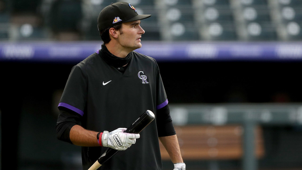 DENVER, COLORADO - JULY 10: Sam Hilliard of the Colorado Rockies takes batting practice during summer workouts at Coors Field on July 10, 2020 in Denver, Colorado.