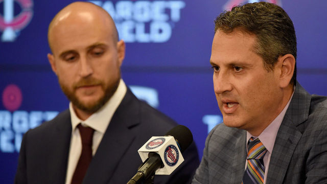 MINNEAPOLIS, MN - OCTOBER 25: Manager Rocco Baldelli of the Minnesota Twins looks on as General Manger Thad Levine speaks as Baldelli is introduced at a press conference at Target Field on October 25, 2018 in Minneapolis, Minnesota.