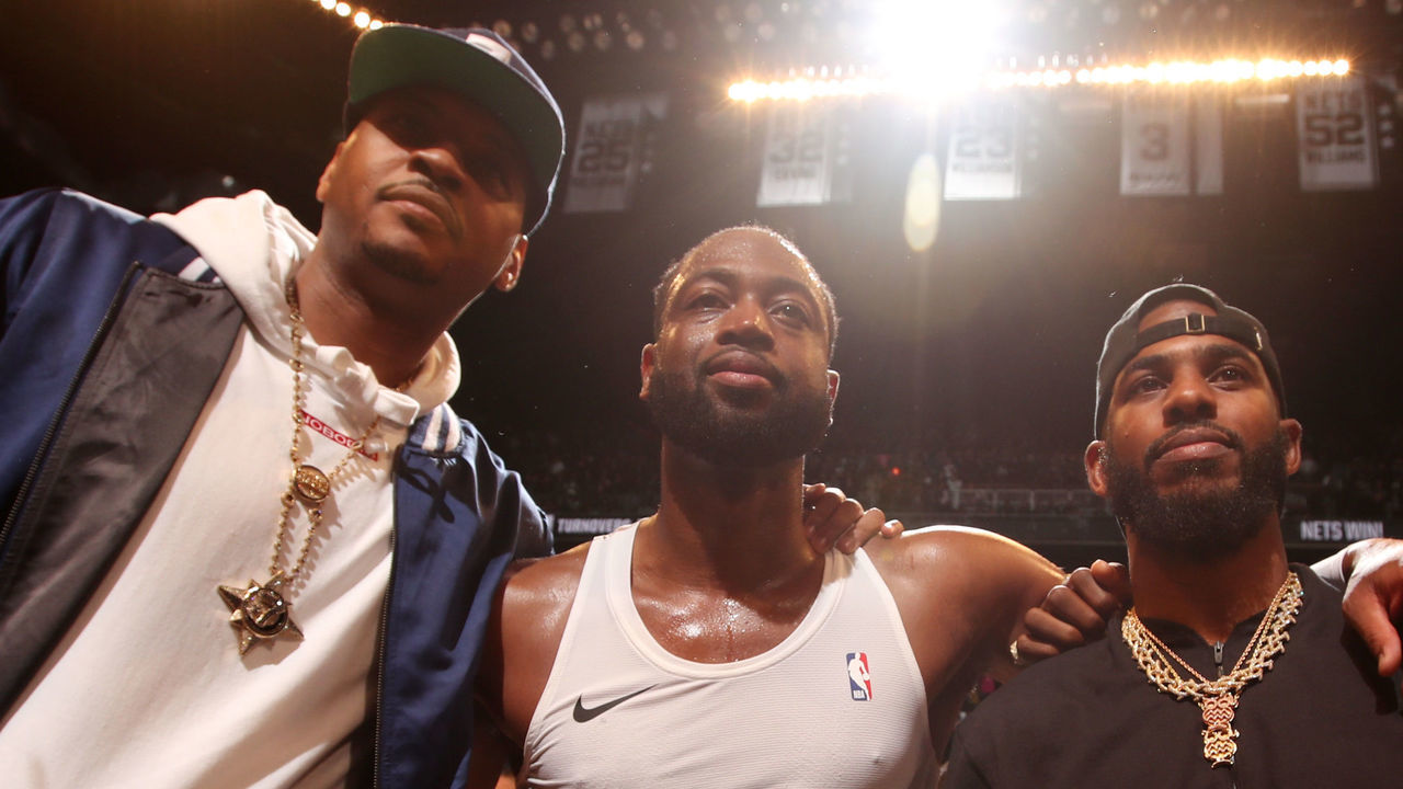 BROOKLYN, NY - APRIL 10: Carmelo Anthony, Dwyane Wade #3 of the Miami Heat, Chris Paul #3 of the Houston Rockets and LeBron James #23 of the Los Angeles Lakers pose for a photo after Wades last game against the Brooklyn Netson April 10, 2019 at Barclays Center in Brooklyn, New York. Mandatory Copyright Notice: Copyright 2019 NBAE