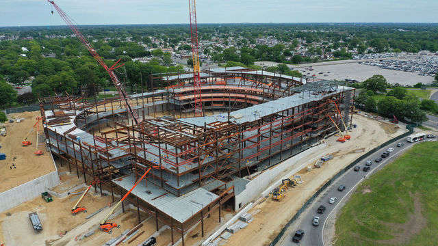 ELMONT, NEW YORK - JUNE 02: In an aerial view from a drone, construction continues on the New York Islanders new arena situated next to Belmont Racetrack on June 2, 2020 in Elmont, New York.
