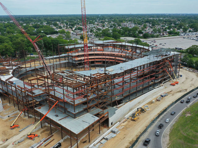 ELMONT, NEW YORK - JUNE 02: In an aerial view from a drone, construction continues on the New York Islanders new arena situated next to Belmont Racetrack on June 2, 2020 in Elmont, New York.
