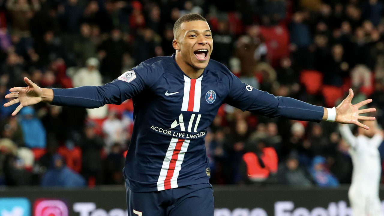 PARIS, FRANCE-FEBRUARY 29: Kylian Mbappe of Paris Saint-Germain (PSG) celebrate his second goal with teammattes during the Ligue 1 match between Paris Saint-Germain and Dijon FCO at Parc des Princes on February 29, 2020 in Paris, France.
