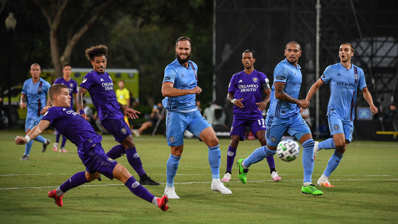 REUNION, FLORIDA - JULY 14: Chris Mueller #9 of Orlando City SC scores a goal during a Group A match against New York City FC as part of MLS is Back Tournament at ESPN Wide World of Sports Complex on July 14, 2020 in Reunion, Florida.