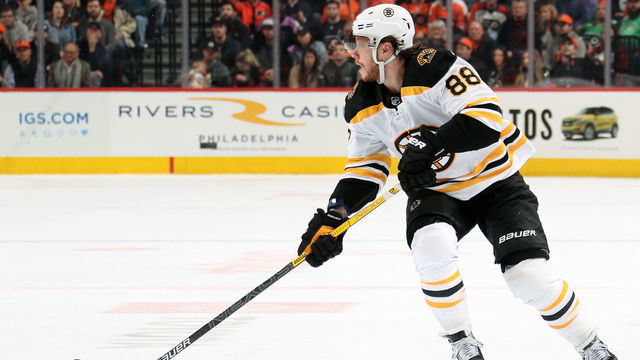PHILADELPHIA, PA - MARCH 10: David Pastrnak #88 of the Boston Bruins skates the puck against the Philadelphia Flyers on March 10, 2020 at the Wells Fargo Center in Philadelphia, Pennsylvania.