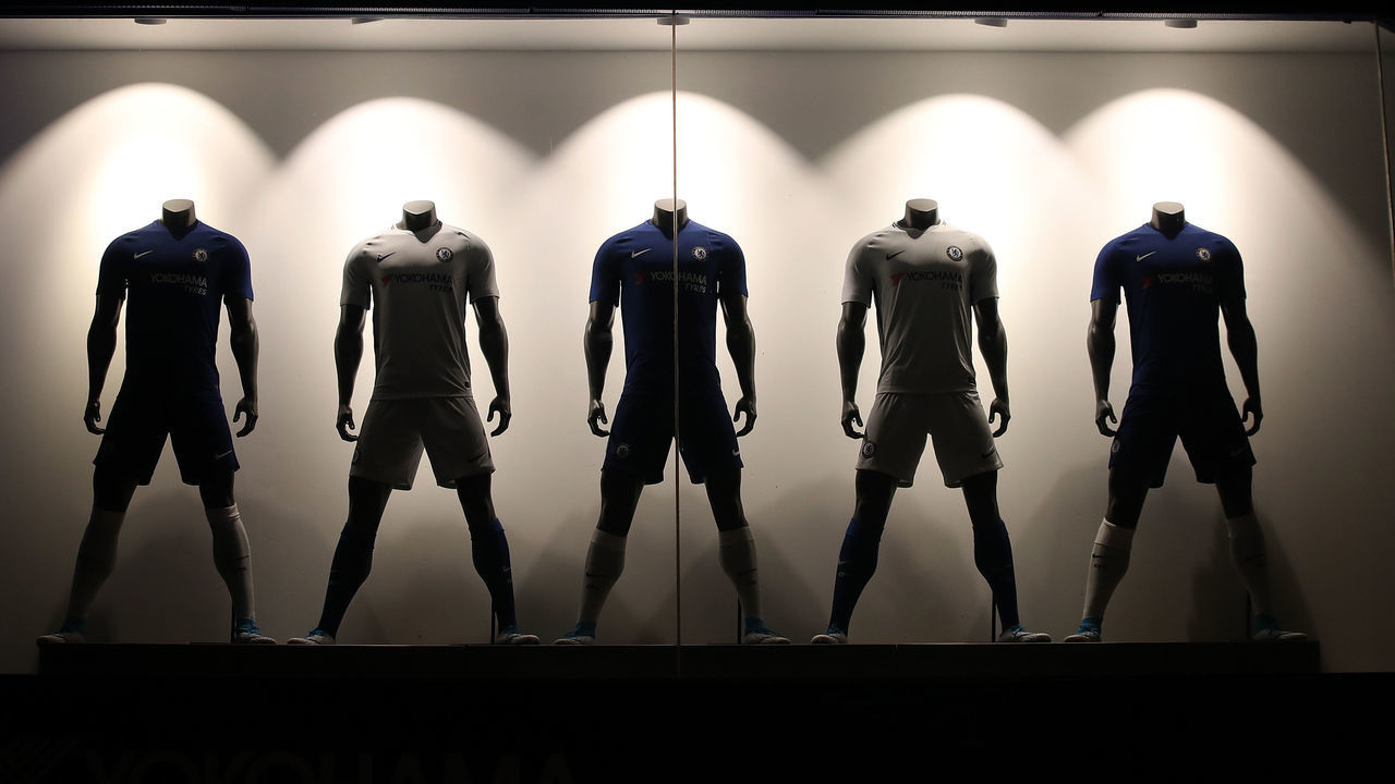 A view of replica shirts on sale in the club shop before the game