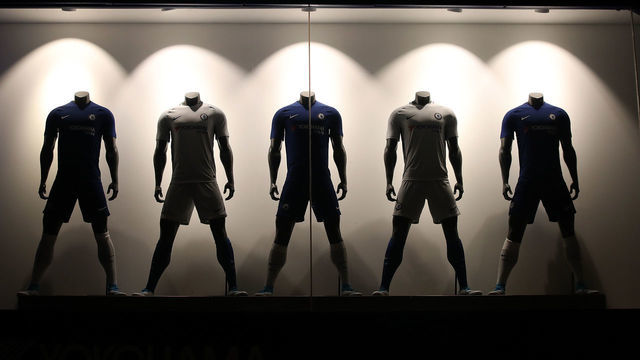 A view of replica shirts on sale in the club shop before the game