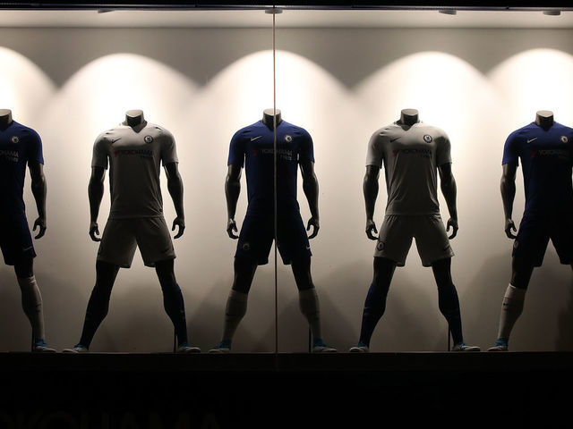 A view of replica shirts on sale in the club shop before the game