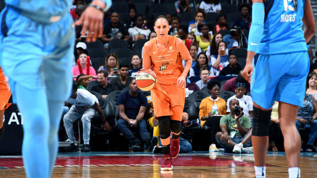 ATLANTA, GA - AUGUST 29: Diana Taurasi #3 of the Phoenix Mercury handles the ball against the Atlanta Dream on August 29, 2019 at State Farm Arena in Atlanta, Georgia. NOTE TO USER: User expressly acknowledges and agrees that, by downloading and/or using this photograph, user is consenting to the terms and conditions of the Getty Images License Agreement. Mandatory Copyright Notice: Copyright 2019 NBAE