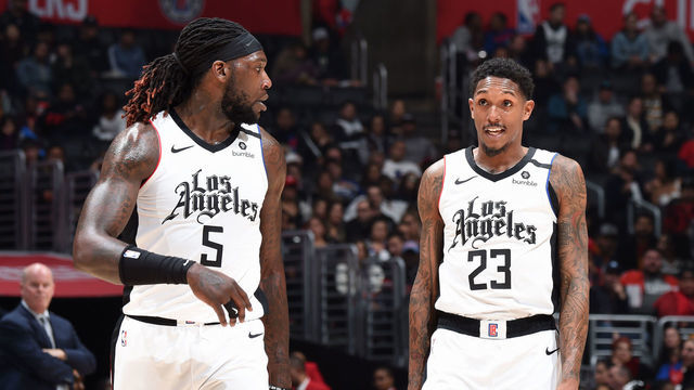 LOS ANGELES, CA - JANUARY 16: Montrezl Harrell #5 of the LA Clippers shares a conversation with teammate, Lou Williams #23 during the game against the Orlando Magic on January 16, 2020 at STAPLES Center in Los Angeles, California. NOTE TO USER: User expressly acknowledges and agrees that, by downloading and/or using this Photograph, user is consenting to the terms and conditions of the Getty Images License Agreement. Mandatory Copyright Notice: Copyright 2020 NBAE