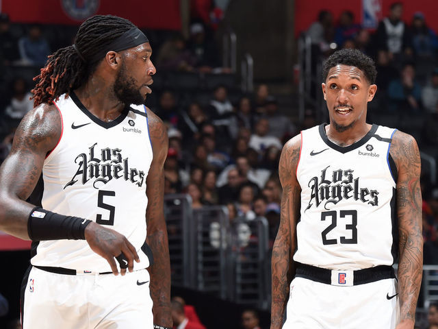 LOS ANGELES, CA - JANUARY 16: Montrezl Harrell #5 of the LA Clippers shares a conversation with teammate, Lou Williams #23 during the game against the Orlando Magic on January 16, 2020 at STAPLES Center in Los Angeles, California. NOTE TO USER: User expressly acknowledges and agrees that, by downloading and/or using this Photograph, user is consenting to the terms and conditions of the Getty Images License Agreement. Mandatory Copyright Notice: Copyright 2020 NBAE