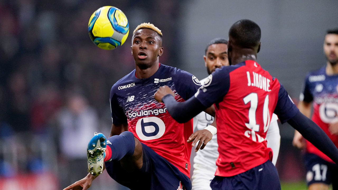 LILLE, FRANCE - FEBRUARY 16: Victor Osimhen of Lille during the French League 1 match between Lille v Olympique Marseille at the Stade Pierre Mauroy on February 16, 2020 in Lille France