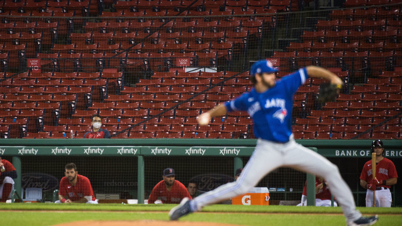 BOSTON, MA - JULY 21: Empty spectator seats are seen during an exhibition game between the Toronto Blue Jays and Boston Red Sox at Fenway Park on July 21, 2020 in Boston, Massachusetts.
