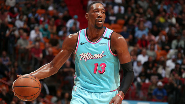 MIAMI, FL - FEBRUARY 3: Bam Adebayo #13 of the Miami Heat handles the ball during the game against the Philadelphia 76ers on February 3, 2020 at American Airlines Arena in Miami, Florida. Mandatory Copyright Notice: Copyright 2020 NBAE
