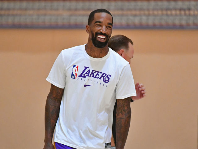 ORLANDO, FL - JULY 21: JR Smith #21 of the Los Angeles Lakers smiles during practice as part of the NBA Restart 2020 on July 21, 2020 in Orlando, Florida. NOTE TO USER: User expressly acknowledges and agrees that, by downloading and/or using this photograph, user is consenting to the terms and conditions of the Getty Images License Agreement. Mandatory Copyright Notice: Copyright 2020 NBAE