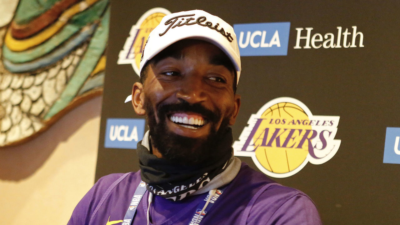 ORLANDO, FL - JULY 17: JR Smith #21 of the Los Angeles Lakers smiles and talks to the media during practice as part of the NBA Restart 2020 on July 17, 2020 in Orlando, Florida. NOTE TO USER: User expressly acknowledges and agrees that, by downloading and/or using this photograph, user is consenting to the terms and conditions of the Getty Images License Agreement. Mandatory Copyright Notice: Copyright 2020 NBAE
