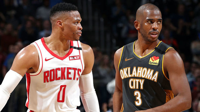 OKLAHOMA CITY, OK - JANUARY 9: Russell Westbrook #0 of the Houston Rockets and Chris Paul #3 of the Oklahoma City Thunder look on during the game on January 9, 2020 at Chesapeake Energy Arena in Oklahoma City, Oklahoma. Mandatory Copyright Notice: Copyright 2020 NBAE