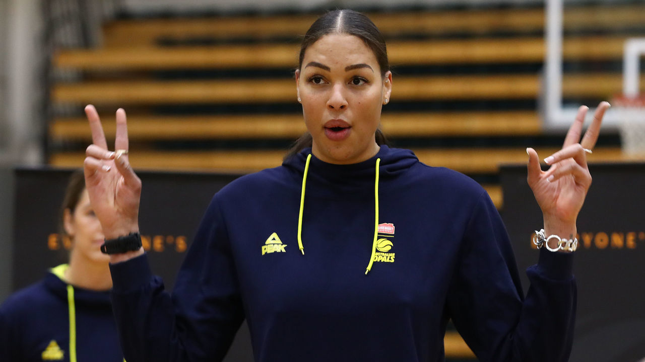 MELBOURNE, AUSTRALIA - JULY 01: Liz Cambage of the Opals speaks to the media during a Basketball Australia media opportunity with the Australian Opals at Melbourne Sports and Aquatic Centre on July 01, 2020 in Melbourne, Australia.