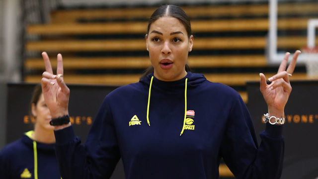 MELBOURNE, AUSTRALIA - JULY 01: Liz Cambage of the Opals speaks to the media during a Basketball Australia media opportunity with the Australian Opals at Melbourne Sports and Aquatic Centre on July 01, 2020 in Melbourne, Australia.