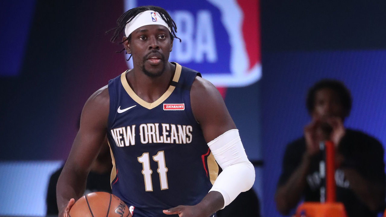 ORLANDO, FL - JULY 22: Jrue Holiday #11 of the New Orleans Pelicans drives to the basket against the Brooklyn Nets on July 22, 2020 at The Arena at ESPN Wide World of Sports Complex in Orlando, Florida. Mandatory Copyright Notice: Copyright 2020 NBAE