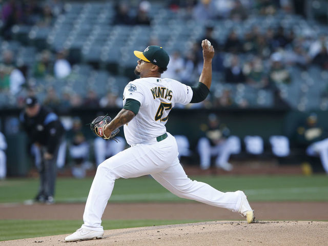 Oakland Athletics Pitcher Frankie Montas (47) throws a pitch