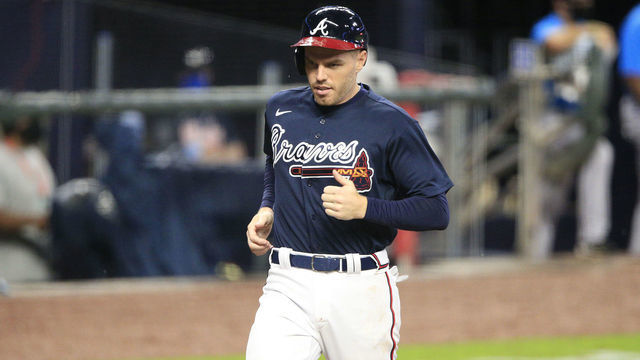 ATLANTA, GA - JULY 21: Freddie Freeman (5) crosses the plates during the exhibition MLB baseball game between the Atlanta Braves and the Miami Marlins on July 21, 2020 at Truist Park in Atlanta, Georgia.