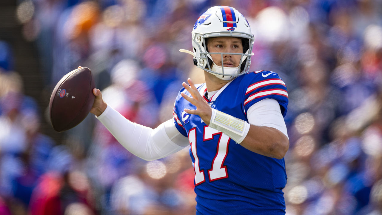 ORCHARD PARK, NY - SEPTEMBER 29: Josh Allen #17 of the Buffalo Bills drops back to pass during the first quarter against the New England Patriots at New Era Field on September 29, 2019 in Orchard Park, New York. New England defeats Buffalo 16-10.
