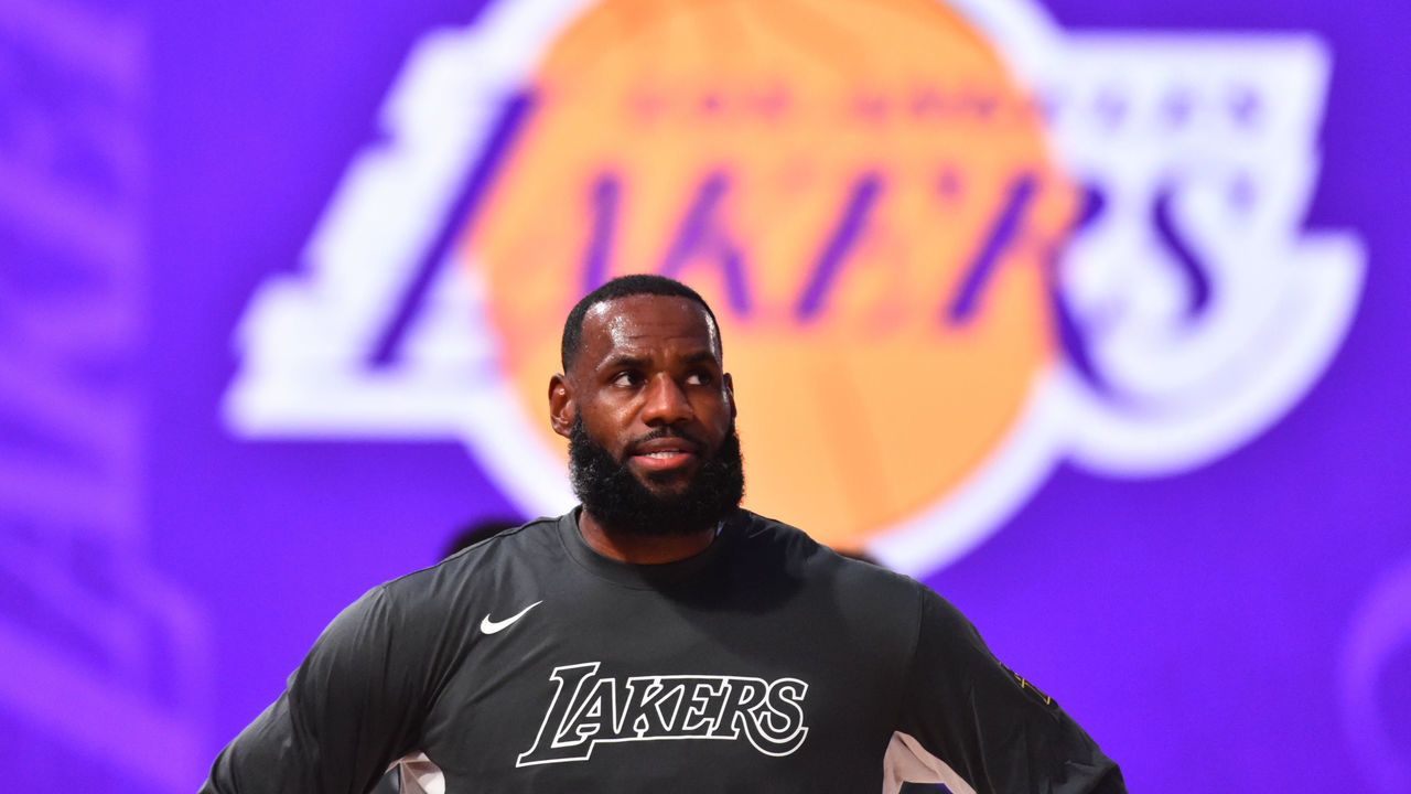 ORLANDO, FL - JULY 23: LeBron James #23 of the Los Angeles Lakers looks on before the game on July 23, 2020 at the Visa Athletic Center at ESPN Wide World of Sports Complex in Orlando, Florida. Mandatory Copyright Notice: Copyright 2020 NBAE