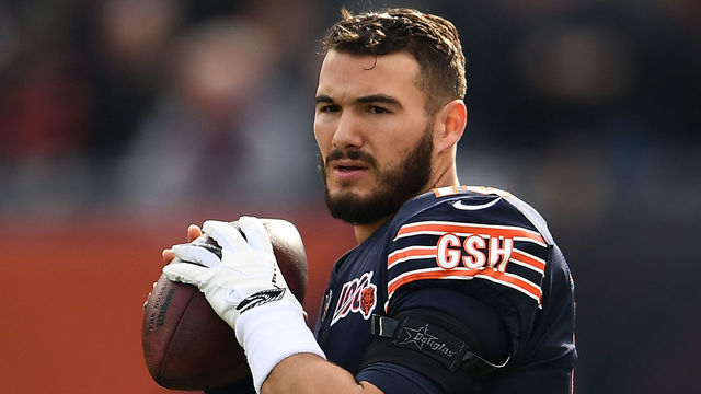 CHICAGO, ILLINOIS - NOVEMBER 24: Mitchell Trubisky #10 of the Chicago Bears warms up during a game against the New York Giants at Soldier Field on November 24, 2019 in Chicago, Illinois. The Bears defeated the Giants 19-14.
