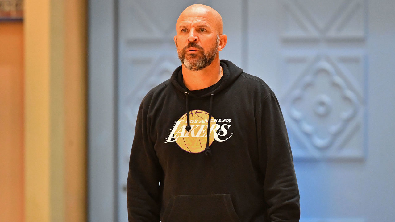 ORLANDO, FL - JULY 21: Jason Kidd of the Los Angeles Lakers coaches during practice as part of the NBA Restart 2020 on July 21, 2020 in Orlando, Florida. NOTE TO USER: User expressly acknowledges and agrees that, by downloading and/or using this photograph, user is consenting to the terms and conditions of the Getty Images License Agreement. Mandatory Copyright Notice: Copyright 2020 NBAE
