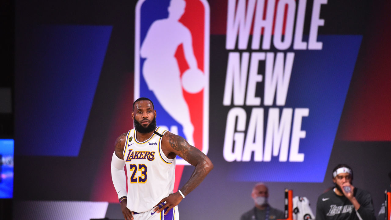 ORLANDO, FL - JULY 23: LeBron James #23 of the Los Angeles Lakers looks on during the game on July 23, 2020 at the Visa Athletic Center at ESPN Wide World of Sports Complex in Orlando, Florida. Mandatory Copyright Notice: Copyright 2020 NBAE