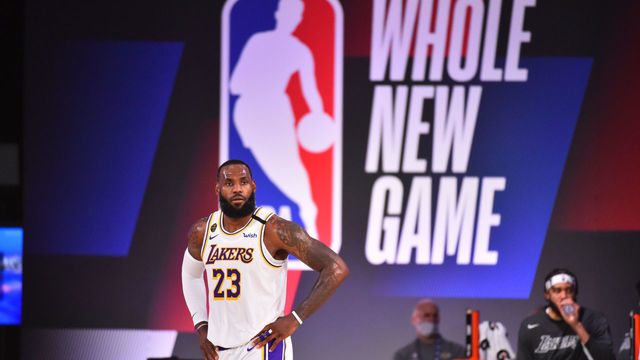 ORLANDO, FL - JULY 23: LeBron James #23 of the Los Angeles Lakers looks on during the game on July 23, 2020 at the Visa Athletic Center at ESPN Wide World of Sports Complex in Orlando, Florida. Mandatory Copyright Notice: Copyright 2020 NBAE