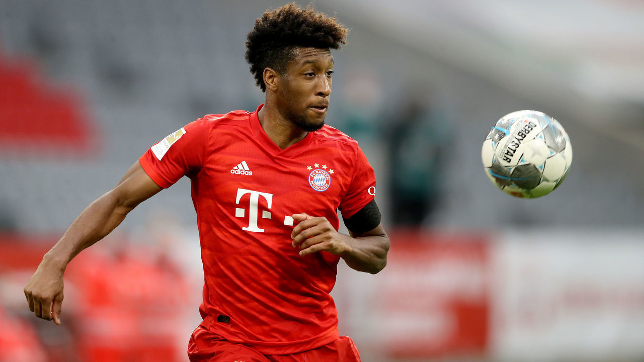 MUNICH, GERMANY - MAY 23: Kingsley Coman of FC Bayern Muenchen runs with the ball during the Bundesliga match between FC Bayern Muenchen and Eintracht Frankfurt at Allianz Arena on May 23, 2020 in Munich, Germany.