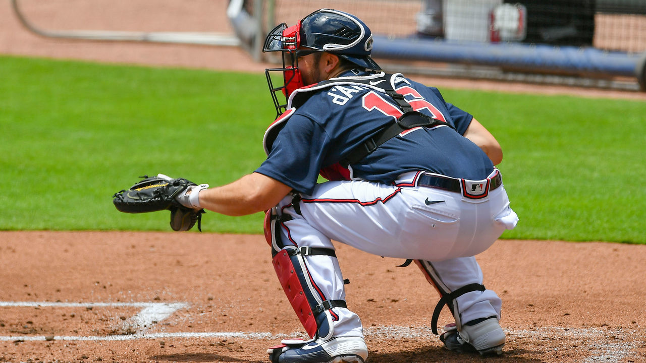 ATLANTA, GA - JULY 08: Atlanta Braves catcher Travis d'Arnaud (16) during the Atlanta Braves Summer Camp Workouts on July 8, 2020 at Truist Park in Atlanta, GA.