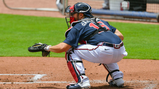 ATLANTA, GA - JULY 08: Atlanta Braves catcher Travis d'Arnaud (16) during the Atlanta Braves Summer Camp Workouts on July 8, 2020 at Truist Park in Atlanta, GA.