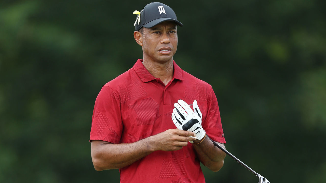 DUBLIN, OHIO - JULY 19: Tiger Woods of the United States prepares to play from the first tee during the final round of The Memorial Tournament on July 19, 2020 at Muirfield Village Golf Club in Dublin, Ohio.