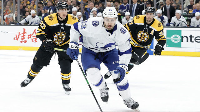 BOSTON, MA - MARCH 07: Tampa Bay Lightning center Cedric Paquette (13) chases the puck during a game between the Boston Bruins and the Tampa Bay Lightning on March 7, 2020 at TD Garden in Boston, Massachusetts.