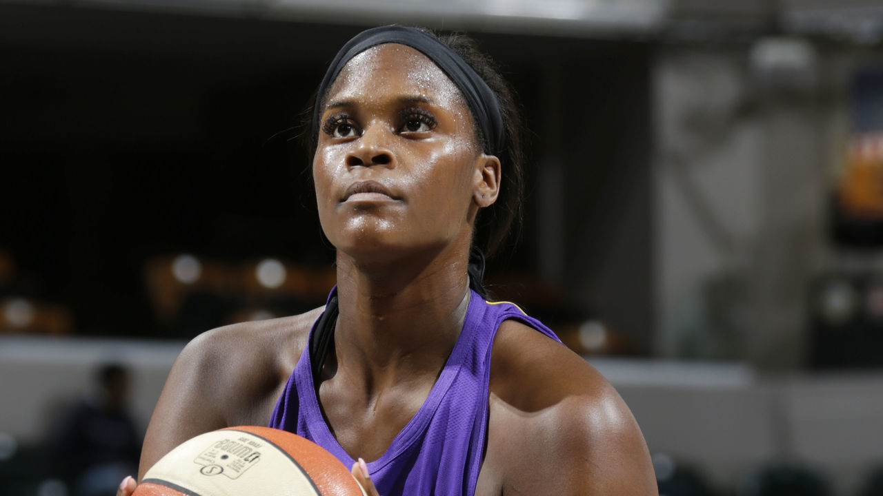 INDIANAPOLIS, IN - AUGUST 29: Kalani Brown #21 of the Los Angeles Sparks shoots a free throw during the game against the Indiana Fever on August 29, 2019 at the Bankers Life Fieldhouse in Indianapolis, Indiana. Mandatory Copyright Notice: Copyright 2019 NBAE
