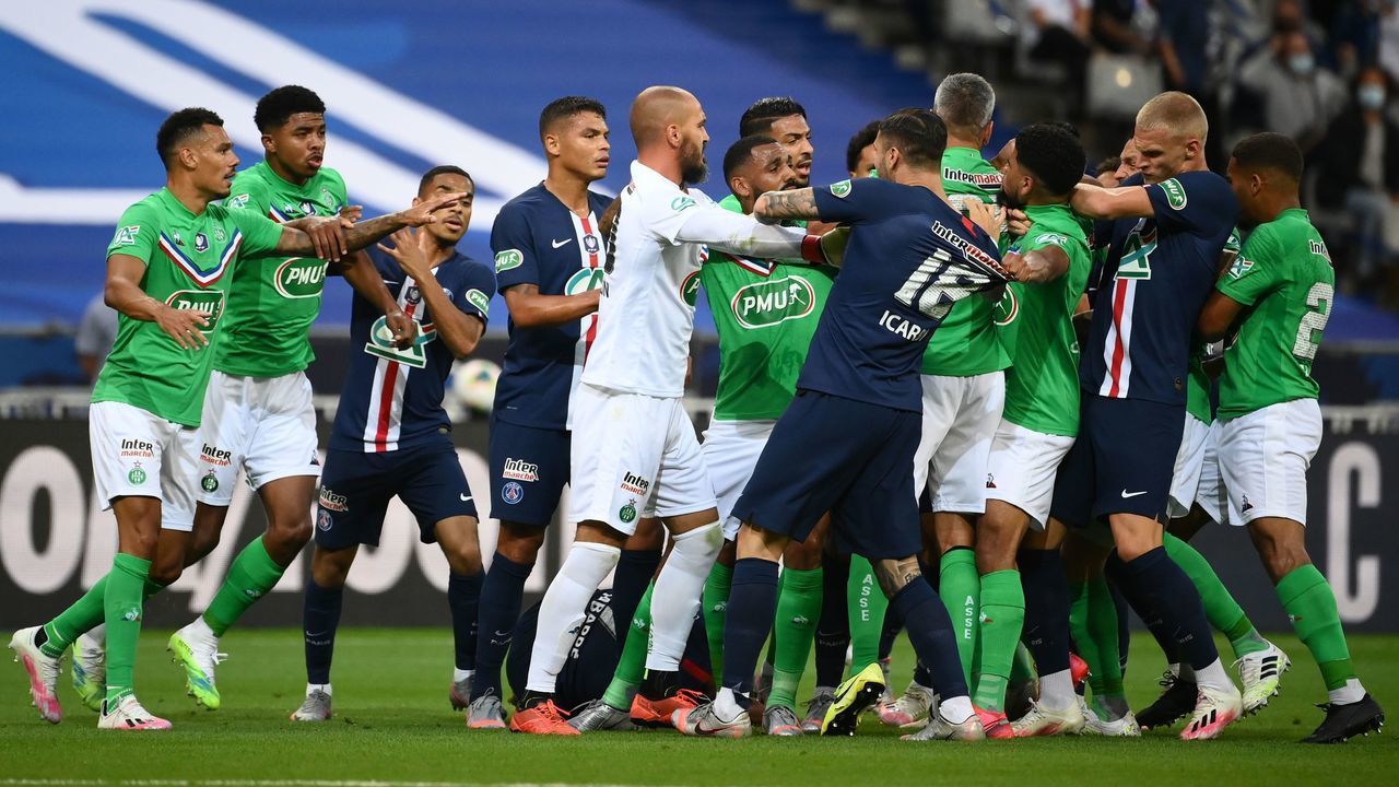 Paris Saint-Germain's players and Saint-Etienne's players scuffle during the French Cup final football match between Paris Saint-Germain (PSG) and Saint-Etienne (ASSE) on July 24, 2020, at the Stade de France in Saint-Denis, outside Paris.
